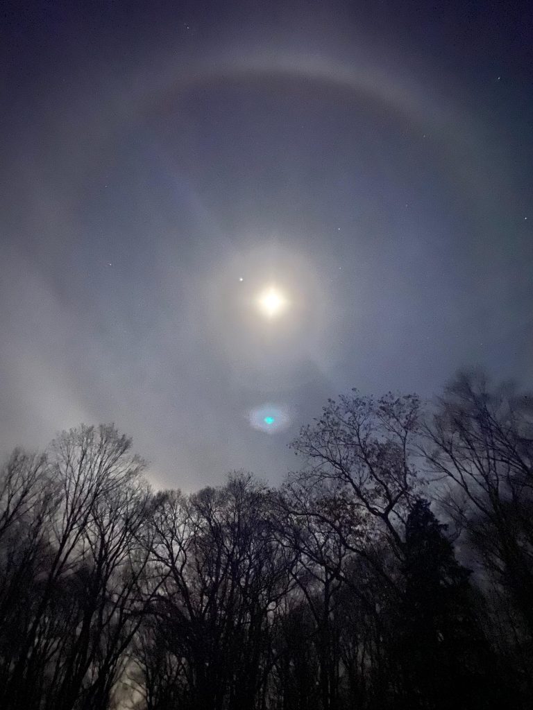 22 degree moon halo tonight. Caused by cirrus clouds, or ice crystals,  which refract and reflect the moonlight making the ring. Very common. |  Instagram