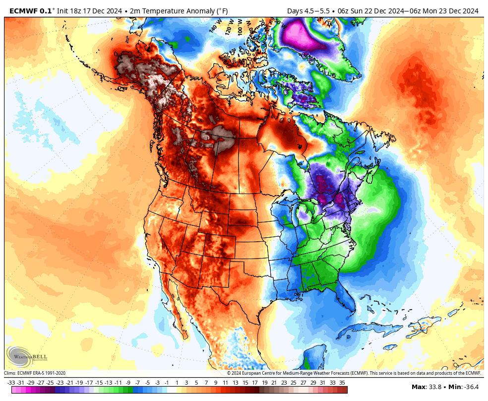 European model temperature anomalies Sunday into Monday - note the cold pool settles over the Northeast
