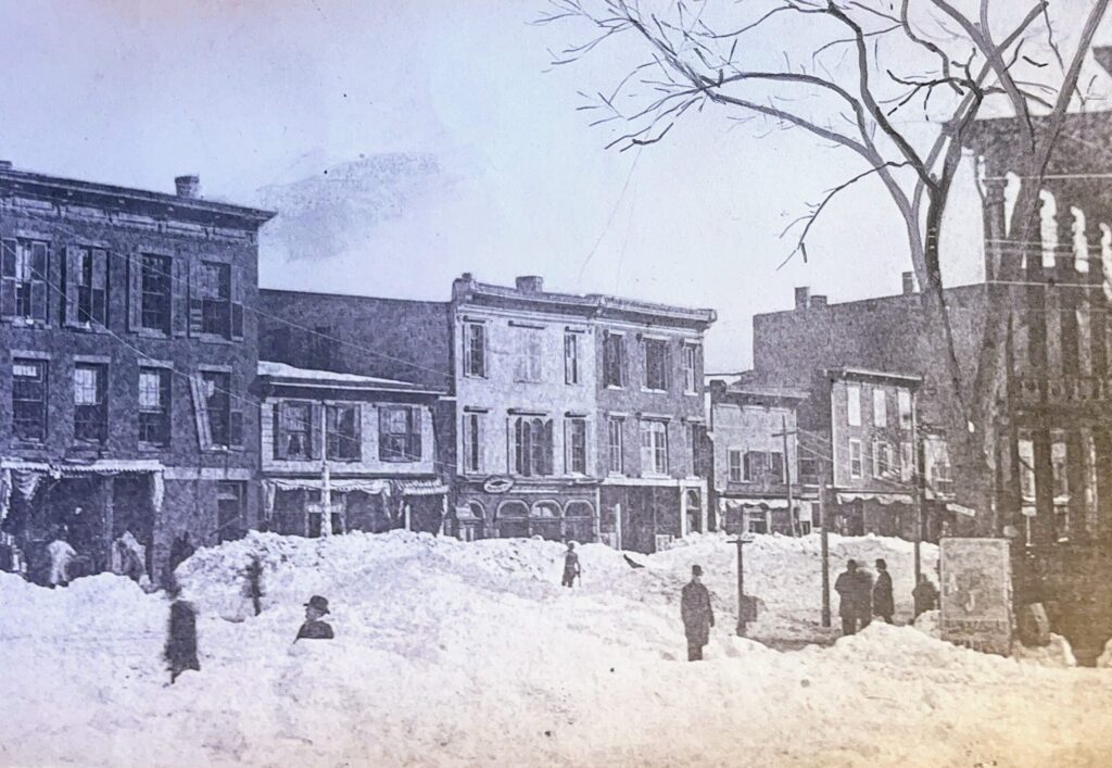 Downtown Danbury with huge snow drifts after blizzard