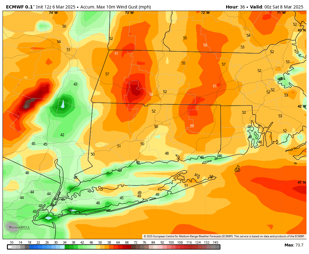 European model peak wind gusts through Friday afternoon! Note the higher terrain sees the most wind in this event.