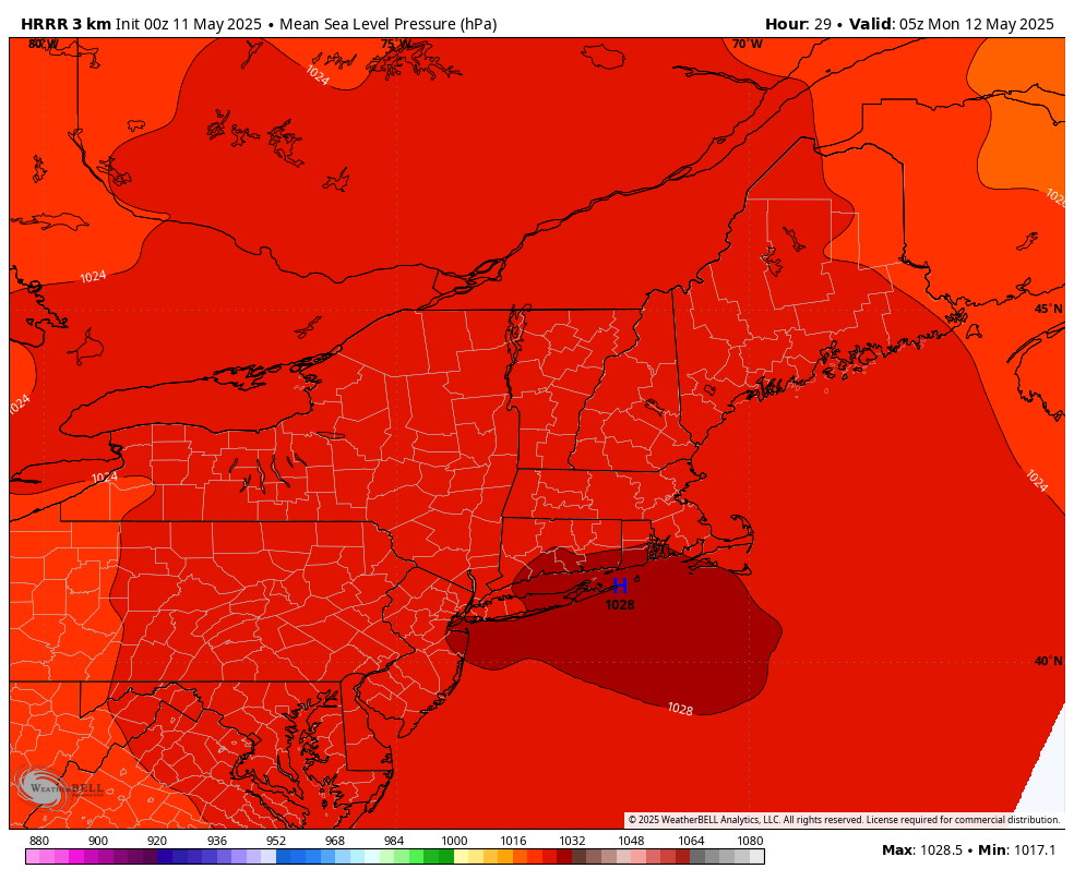 HRRR Model - High Pressure Overhead by Sunday evening