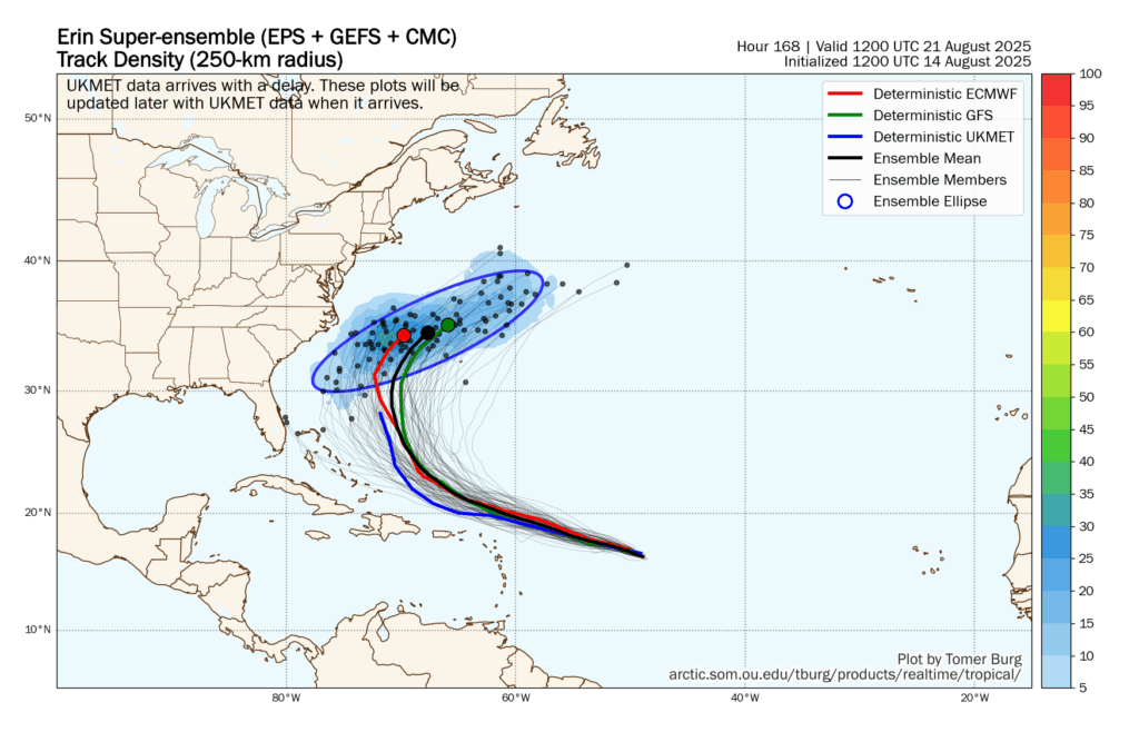 Model blend showing potential storm centers for Erin 